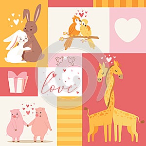 Animals baby birthday invitation zoo card vector illustration. Cute poster template. Baby shower with romantic text love