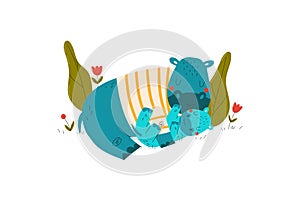 Animals baby, happy mother with little hippo, funny hand-drawn character, cartoon style vector illustration, isolated on