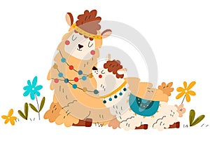 Animals baby, safari, cute alpaca mom, mammal llama in wild, happy animal family, cartoon vector illustration, isolated