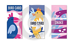 Animals and Birds Colorful Posters Set, Bird, Snake Banner, Card, Cover, Broshure Template Design Vector Illustration