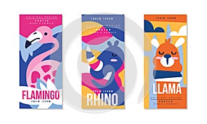 Animals and Birds Colorful Posters Set, Flamingo, Rhino, Llama Banner, Card, Cover, Broshure Template Design Vector