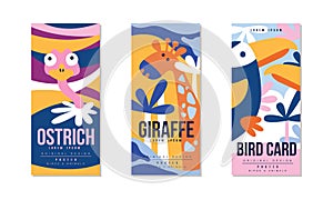 Animals and Birds Colorful Posters Set, Ostrich, Giraffe, Bird Banner, Card, Cover, Broshure Template Design Vector