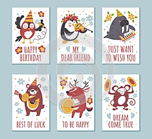 Animals birthday greeting cards. Cartoon characters play different musical instruments. Congratulate kids holiday. Jazz