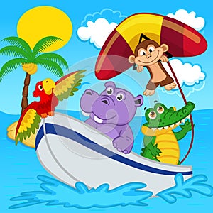 Animals on boat ride with monkey on hang glider