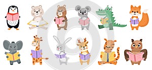 Animals book lovers, reading fox, bear and rabbit. Smart animals learn by reading books vector illustration set. Animals