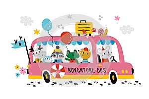 Animals bus. Cute woodland creatures in big autobus, little travelers, mouse driver, cartoon friends adventures, fun