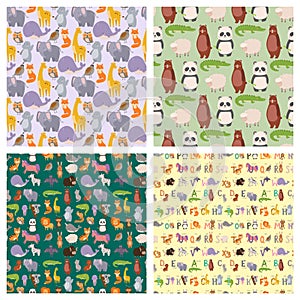 Animals cartoon wildlife nature seamless pattern background jungle texture bird colorful retro wallpaper vector