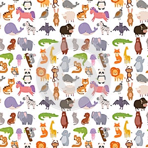 Animals cartoon wildlife nature seamless pattern background jungle texture bird colorful retro wallpaper vector