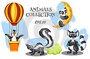 Animals characters skunk raccoon panda and penguin in cartoon style photo