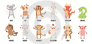 12 animals of Chinese zodiac, cute cartoon set