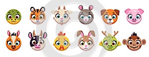 Animals circle faces. Funny cartoon muzzles, round shapes, UI apps icons, cute wildlife characters, chinese horoscope photo