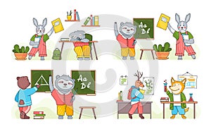 Animals in a classroom. Collection of funny cartoon animals students. Back to school scenes set