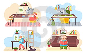 Animals in a classroom and at home. Collection of funny cartoon students. Back to school scenes set
