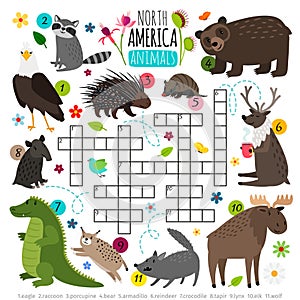 Animals crossword. Kids words brainteaser with north america animal set, word searching puzzle game