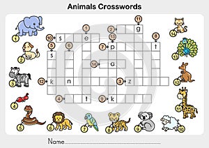 Animals Crosswords - Worksheet for education.