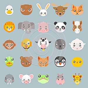 Animals cute baby cartoon cubs flat design head icons set character vector illustration