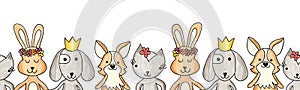 Animals cute seamless border on a white background. Repeating horizontal kids pattern painted dog, cat, rabbit, bunny. Cartoon