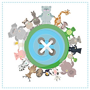 Animals of different species together on the globe. Environmental protection. Vector cartoon, funny little animals