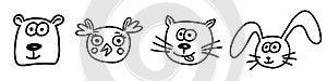 Animals doodle set. Hand drawn lines cartoon animal collection. Bear, bunny, cat, owl. Vector illustration