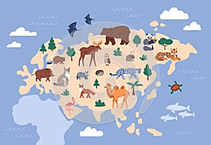 Animals on Eurasia map. Cute wild Eurasian mammals, fauna. Land and sea wildlife. Terrestrial and marine zoology of