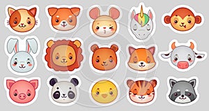 Animals face stickers. Cute animal faces, kawaii funny emoji sticker or avatar. Cartoon vector illustration set