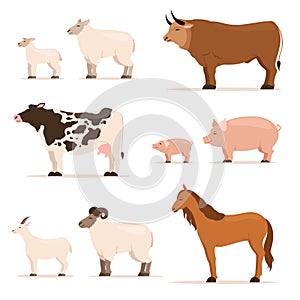 Animals on farm. Lamb, piglet, cow and sheep, goat. Vector illustrations set in cartoon style