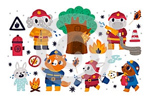 Animals firefighters. Cute kids characters extinguish flame. Fighters with fire and victim rescuers. Elephant in uniform