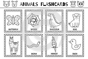 Animals flashcards black and white collection for kids. Flash cards set