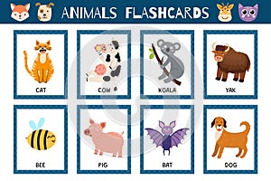 Animals flashcards collection for kids. Flash cards set with cute characters