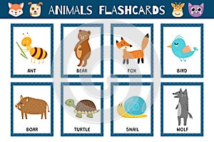 Animals flashcards collection for kids. Flash cards set with cute characters for practicing reading skills