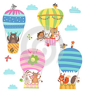 Animals fly in a hot air balloon. Illustration