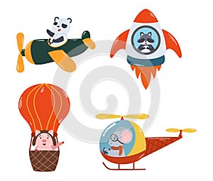 Animals Flying On Airplane, Rocket, Helicopter And Air Balloon. Cute Panda, Raccoon, Pig And Mouse Characters Pilots