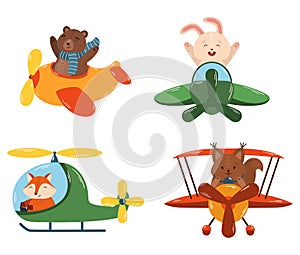 Animals Flying On Airplanes And Helicopter. Cute Bear, Bunny, Fox And Squirrel Pilots Travel By Air. Toys For Kids
