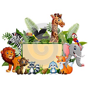 Animals forest cartoon with blank sign bamboo