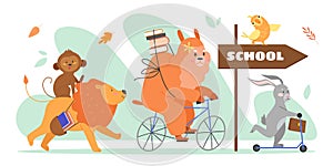 Animals go to school vector illustration, cartoon flat wild zoo student schoolmate animal character with schoolbag or photo