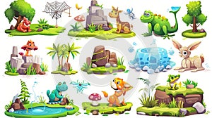 Animals with habitats, a spider web, golden fish, and an aquarium. Modern cartoon set of cute wild animals with their