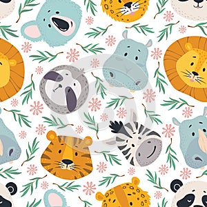 Animals head seamless pattern. Cute lion, tiger zebra, koala and hippo, sloth and leopard faces. Kids wallpaper, textile