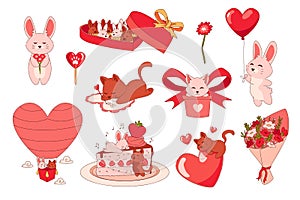 Animals with hearts. Cartoon romantic stickers. Cute bunny giving balloon and kitten signing greeting card. Holiday cake
