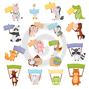 Animals Holding Blank Banners and Sign Boards with Their Limbs Big Vector Set