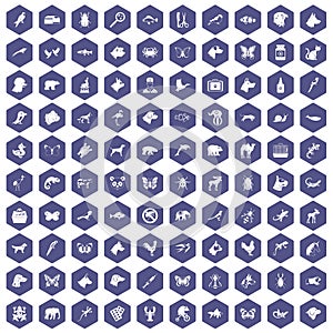 100 animals icons hexagon purple