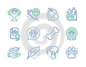 Animals icons set. Included icon as Dog competition, Pets care, Pet tags signs. Vector