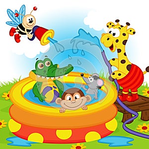 Animals in inflatable pool