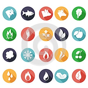 Animals, leaves, fire, frost, steam, water icons. Flat style