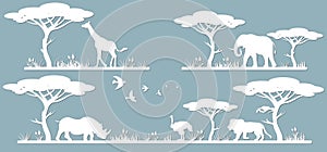 Animals on the line. Laser cut paper, template for DIY scrapbooking. Rhinoceros, giraffe, ostrich, elephant, lion. Animals,