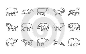 Animals linear vector icons. Isolated outline of animals hippopotamus, fox, cow and more on a white background. Vector animals