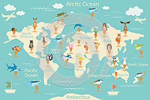 Animals, map of the world. World map for children. Animals poster. Continent animals, marine life. South America, Eurasia, North A