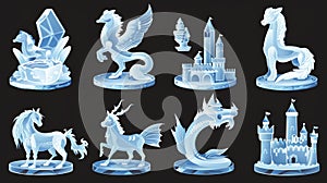 Animals, mermaids, and medieval castles carved from ice on a black background. Set of cartoon blue statues of swans