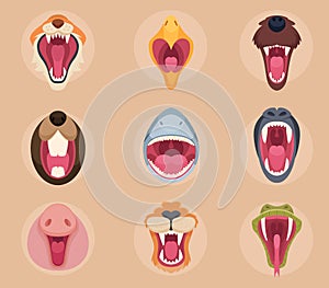 Animals mouth. Teeth and tongue of angry wild animals snakes cute bear horse wolf monkey exact vector cartoon templates