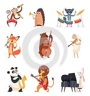 Animals with music instruments. Zoo musicians entertainment cute vocal song music band vector cartoon characters