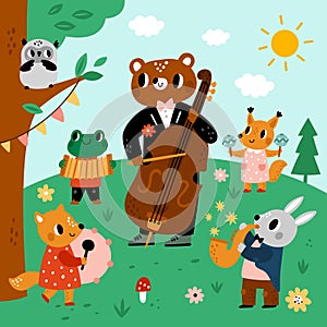 Animals musicians in forest. Orchestra in summer glade. Children concert. Cartoon characters play music. Quintet with photo